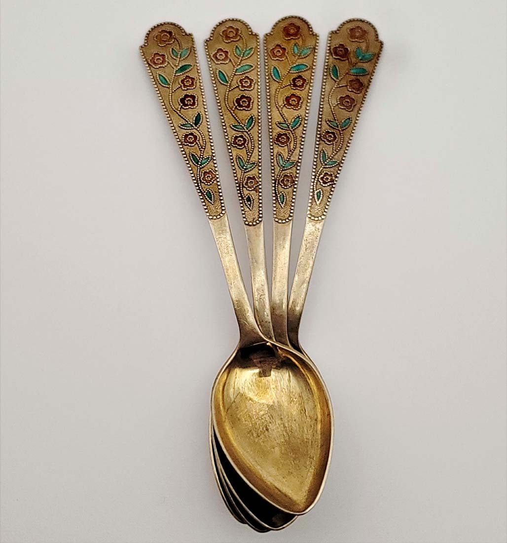 Set Of 4 Russian Silver Gilded 875 Colored Enamel Spoons (91 grams): Set Of 4 Russian Silver (91 grams) Gilded 875 Colored Enamel Spoons. 5 1/2"?