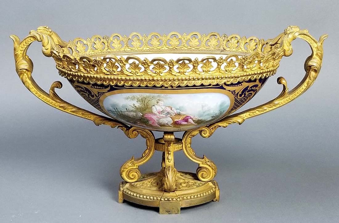 19th C. Serves Bronze and Porcelain Bowl, Signed: 19th C. Serves Bronze and Porcelain Bowl, Signed. Measures H: 10" W: 17 1/4"