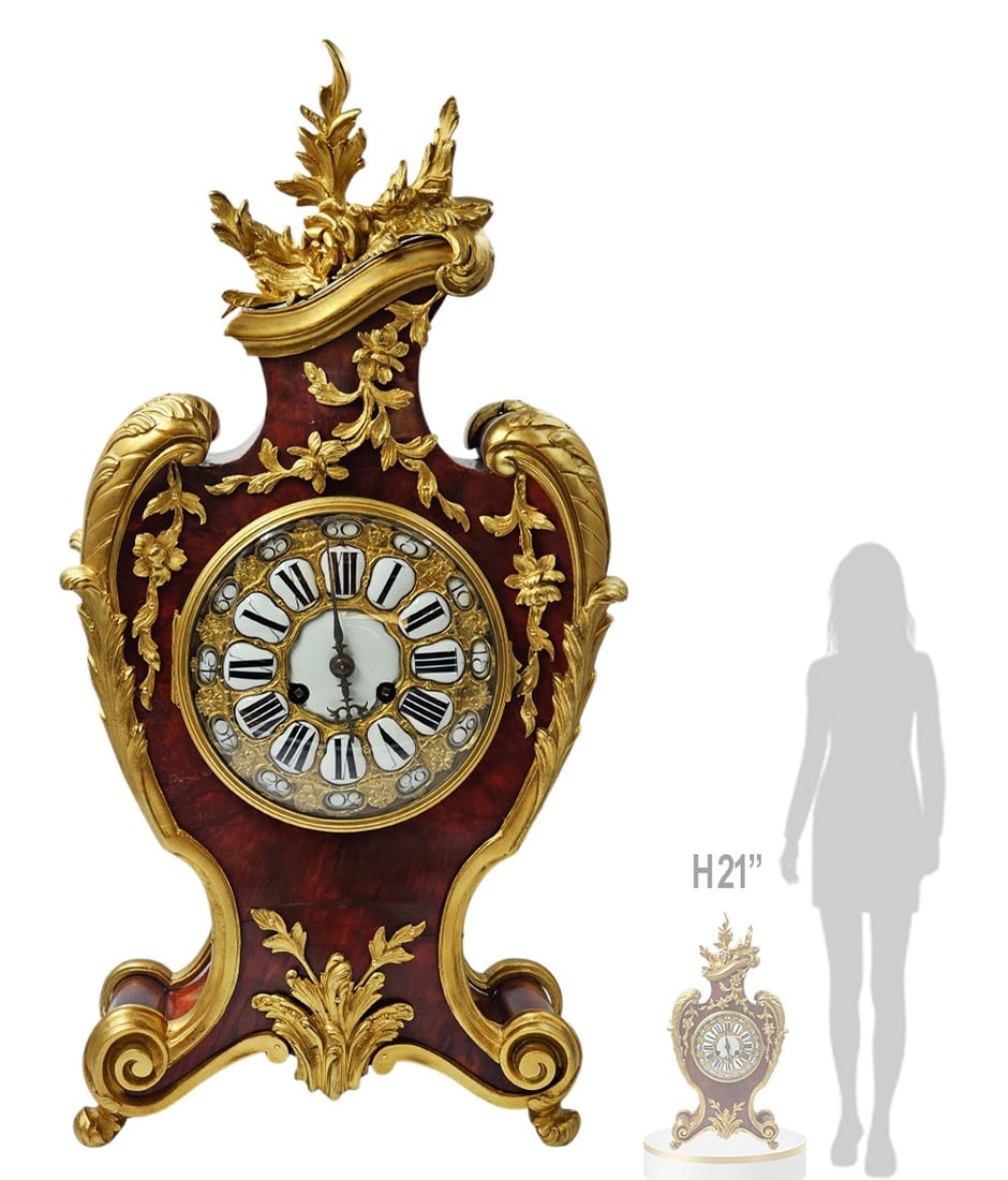 19th C. French Louis XV Rococo Style Bronze Mounted Mantel Clock: 19th C. French Louis XV Rococo Style Bronze Mounted Mantel Clock. H 21" x W 4 1/4" x L 10"