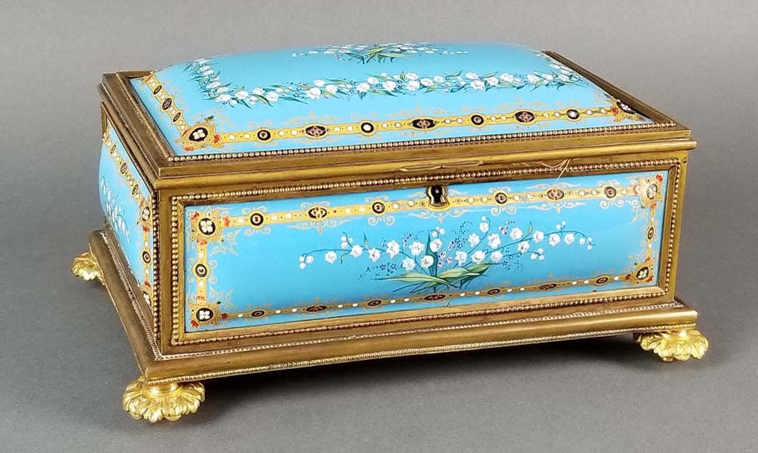French Enamel and Bronze Hand painted Jewelry Box: French Enamel and Bronze Hand painted Jewelry Box. Measures H: 4 3/4" W: 9 1/4"