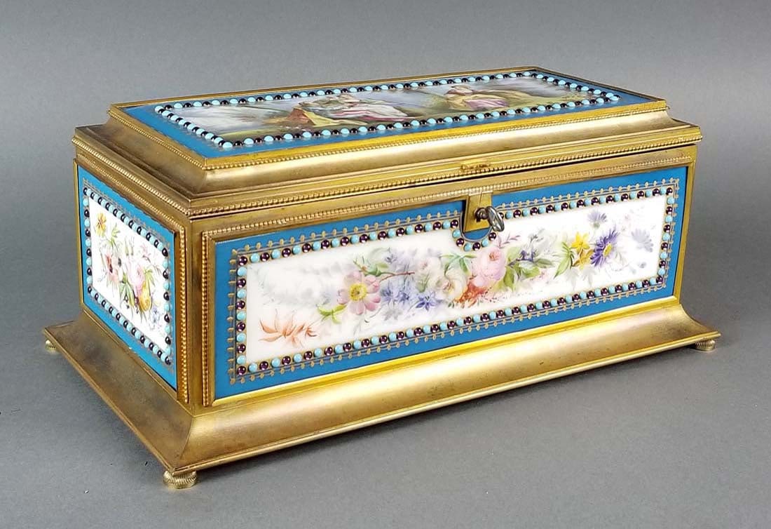 Large Sevres Porcelain and Bronze Jeweled Jewelry Box: Large Sevres Porcelain and Bronze Jeweled Jewelry Box. Measures H: 5 1/4" W: 12 1/4"