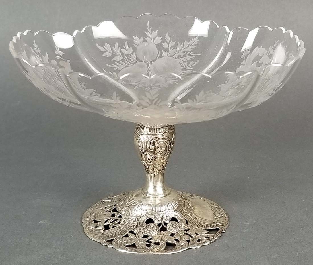 19th C. German Silver and Crystal Centerpiece: 19th C. German Silver and Crystal Centerpiece. Measures H: 4 1/2" W: 7"