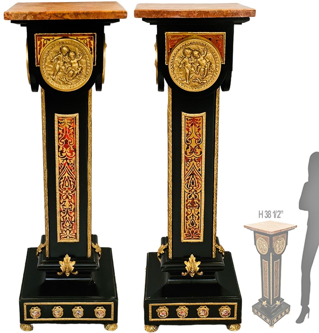 Pair Of 19th C. French Boulle Figural Bronze Mounted Pedestals: Pair Of 19th C. French Boulle Figural Bronze Mounted Pedestals. H 38 1/2" x W 12 3/8"
