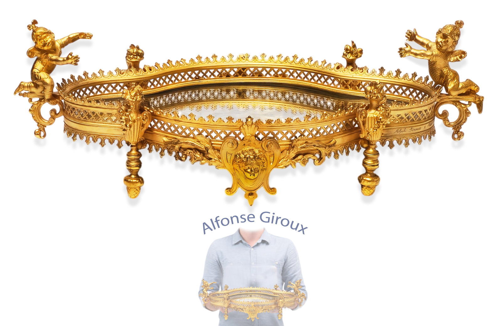 19th C. French Bronze Alfonse Giroux Figural Plateau Mirror Center Piece: 19th C. French Bronze Alfonse Giroux Figural Plateau Mirror Center Piece. H 6 1/2" x W 13" x L 20"