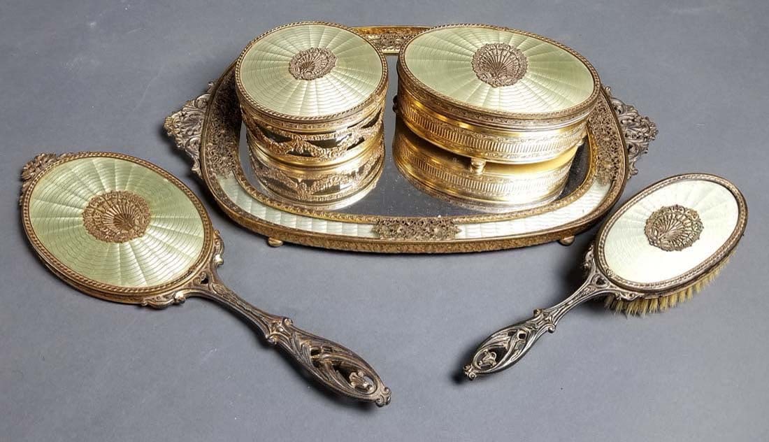 19th C. French Enamel and Bronze 5 Pc. Vanity Set: 19th C. French Enamel and Bronze 5 Pc. Vanity Set. The pieces measure from 4 1/2" to 15 3/4"