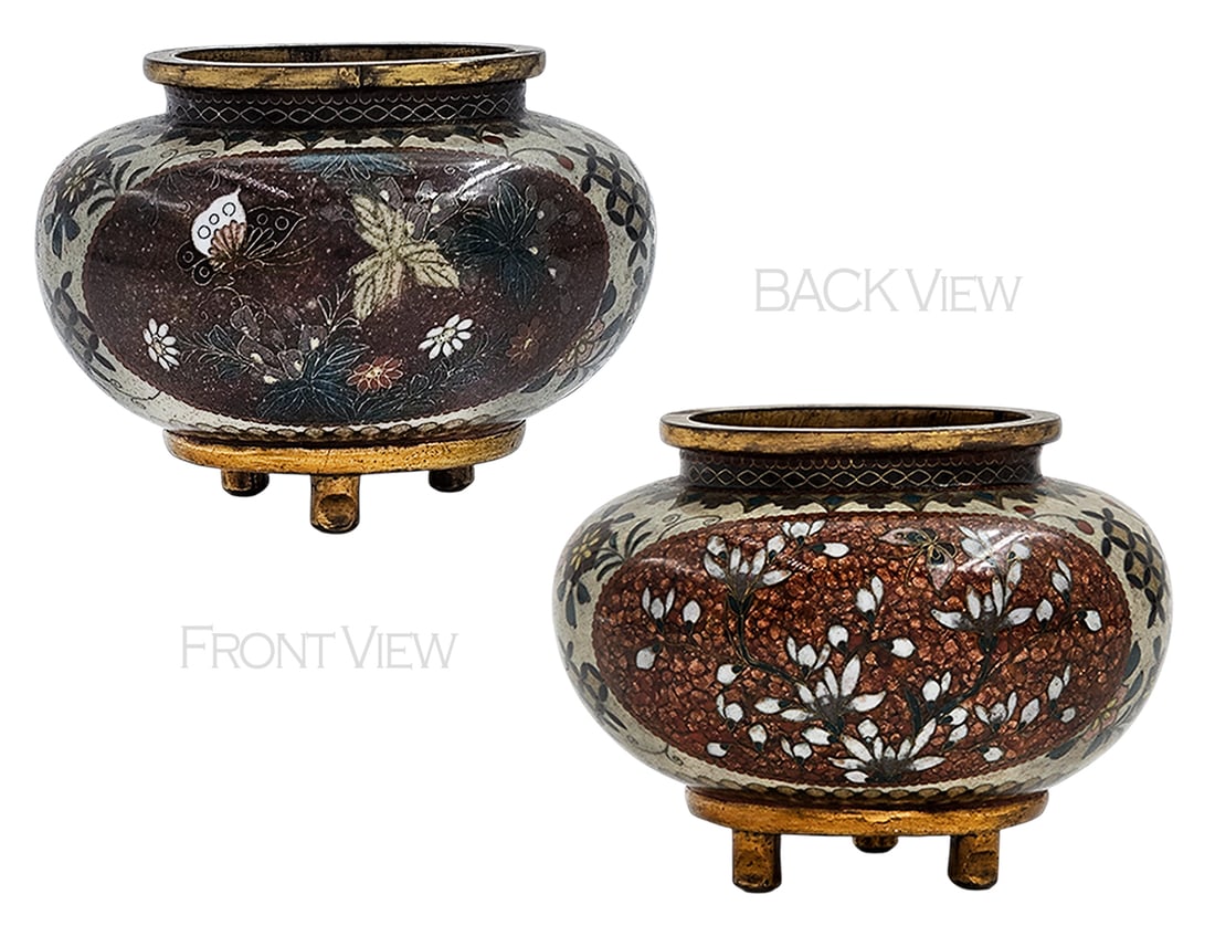 Pair Of 19th C. Japanese Meiji Period Cloisonne Enamel Miniature Vases: Pair Of 19th C. Japanese Meiji Period Cloisonne Enamel Miniature Vases. Hallmarked underneath. H 3 1/2" x W 2"