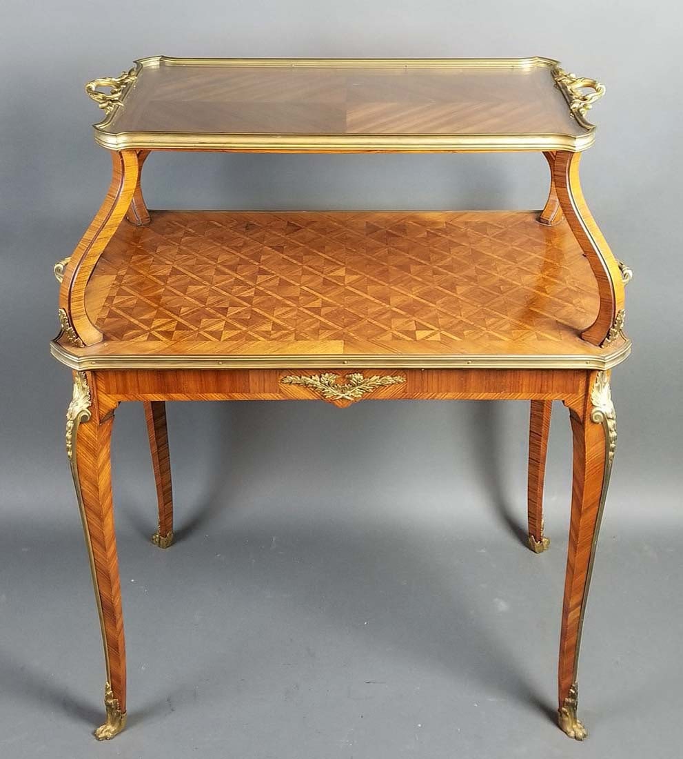 19th C. French Louis XVI Style 2 Tier Serving Table: 19th C. French Louis XVI Style 2 Tier Serving Table. With Glass and Bronze Serving Tray. Measures 38" x 30 1/4"x 30 1/2"