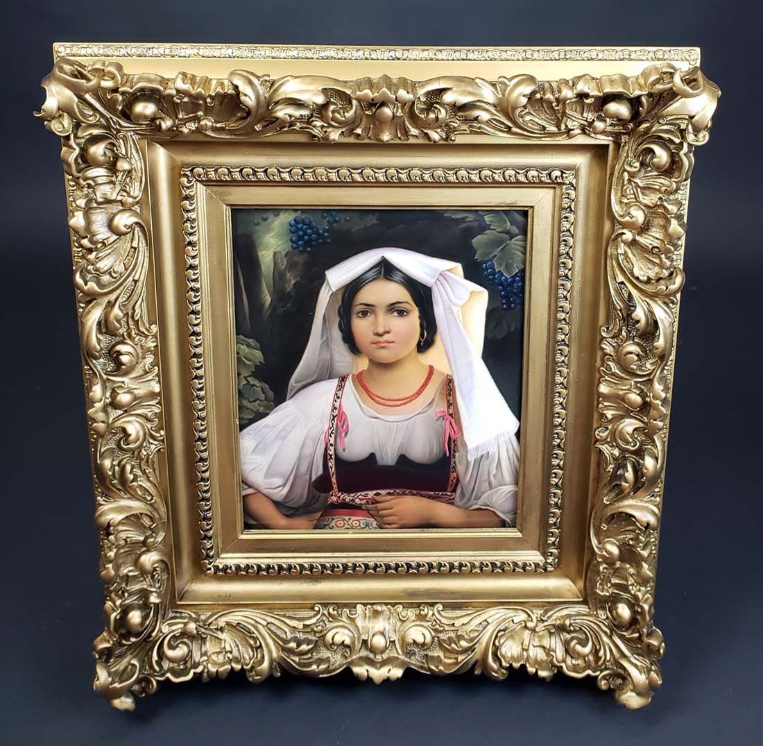 Large KPM Plaque of a Maiden w/ Wine Leafs Circa 1890: Large KPM Plaque of a Maiden w/ Wine Leafs Circa 1890. The frame measures 22" x 20" and the plaque measures 11 1/2" x 10 1/2"