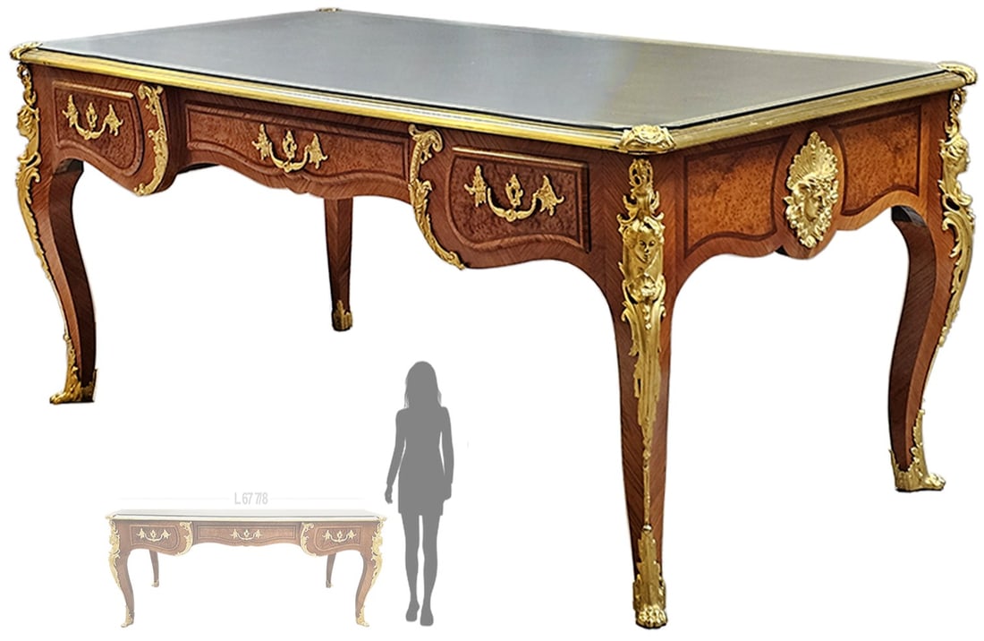 Late 19th C. Leather Top Linke Style Kingwood & Gilt Bronze Figural Desk: Late 19th C. Leather Top Linke Style Kingwood & Gilt Bronze Figural Desk. H 29 7/8" x W 33 1/2" x L 67 7/8"