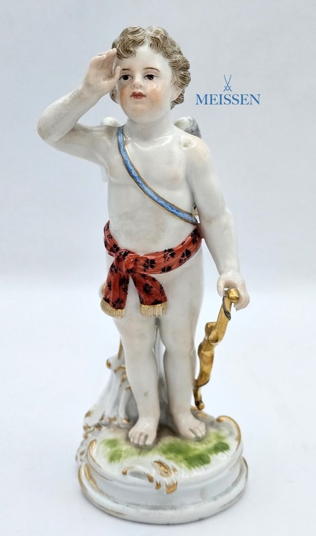 19th C. Figural 'Cupid Saluting' Meissen German Porcelain: 19th C. Figural 'Cupid Saluting' Meissen German Porcelain. H 6 1/2" x W 2 1/2"