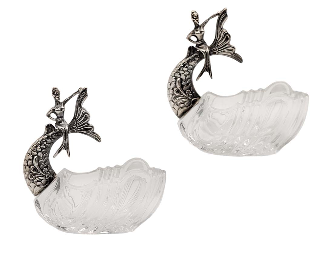 Pair Of Salt And Pepper Cellars Silver plated Figural Glass: Pair Of Salt And Pepper Cellars Silver plated Figural Glass. H 3" x W 1 3/8" x L 3 1/8"?