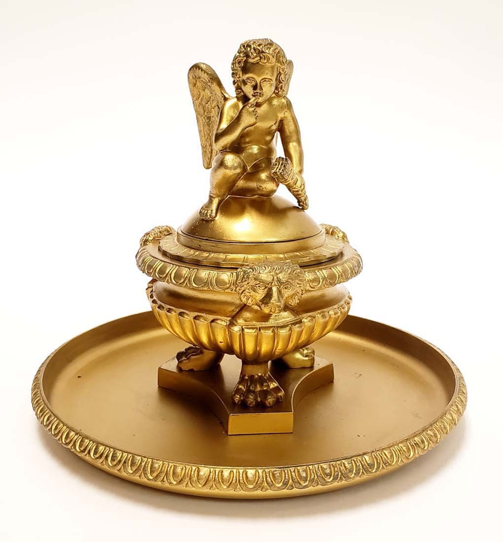 French Gilt Bronze Figural Inkwell: French Gilt Bronze Figural Inkwell. Measures H: 7" W: 8"