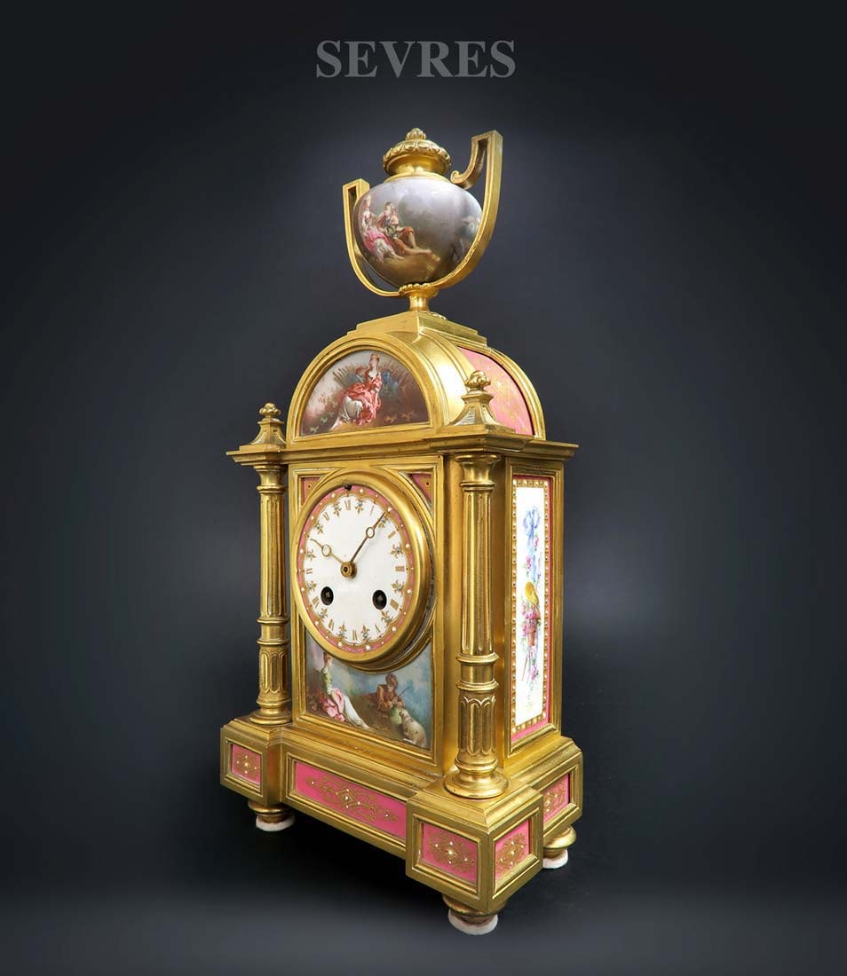 19th C. Sevres Hand Painted Clock: 19th C. Sevres Hand Painted Clock. H 15.8" x 3.8" x 7.3"