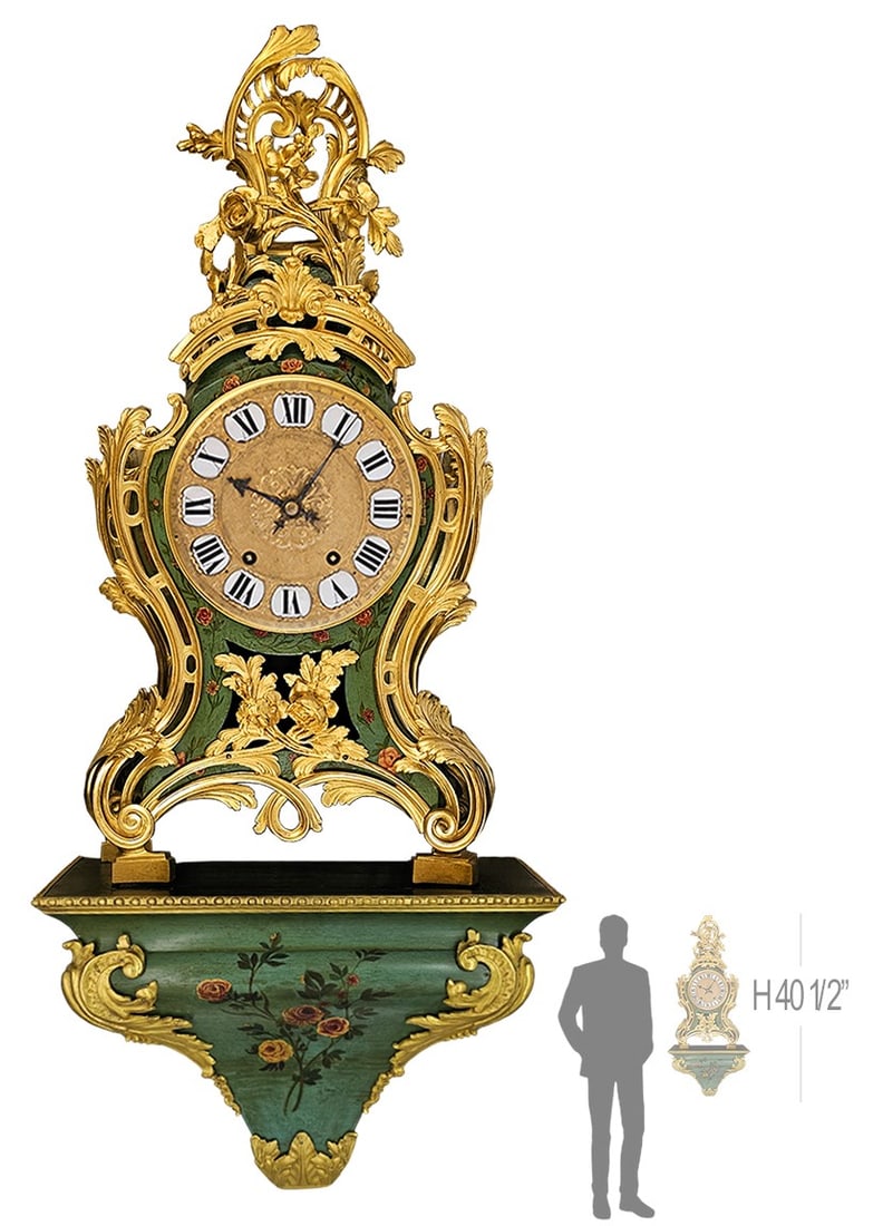 18th C. Louis XV Green Hand Painted Gilt Bronze Mounted Bracket Clock (1 of 4)