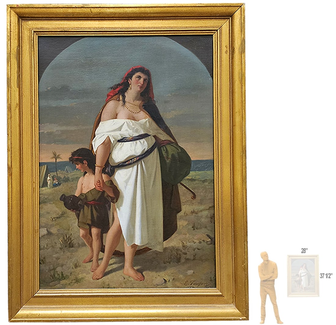 Italian Enrico Alessandro Fanfani (1824-1885) 'Hagar & Ishmael' Oil Canvas Painting: Italian Enrico Alessandro Fanfani (1824-1885) 'Hagar & Ishmael' Oil Canvas Painting. Frame: 37 1/2" x 28" \ Canvas: 20 7/" x 30 1/2"