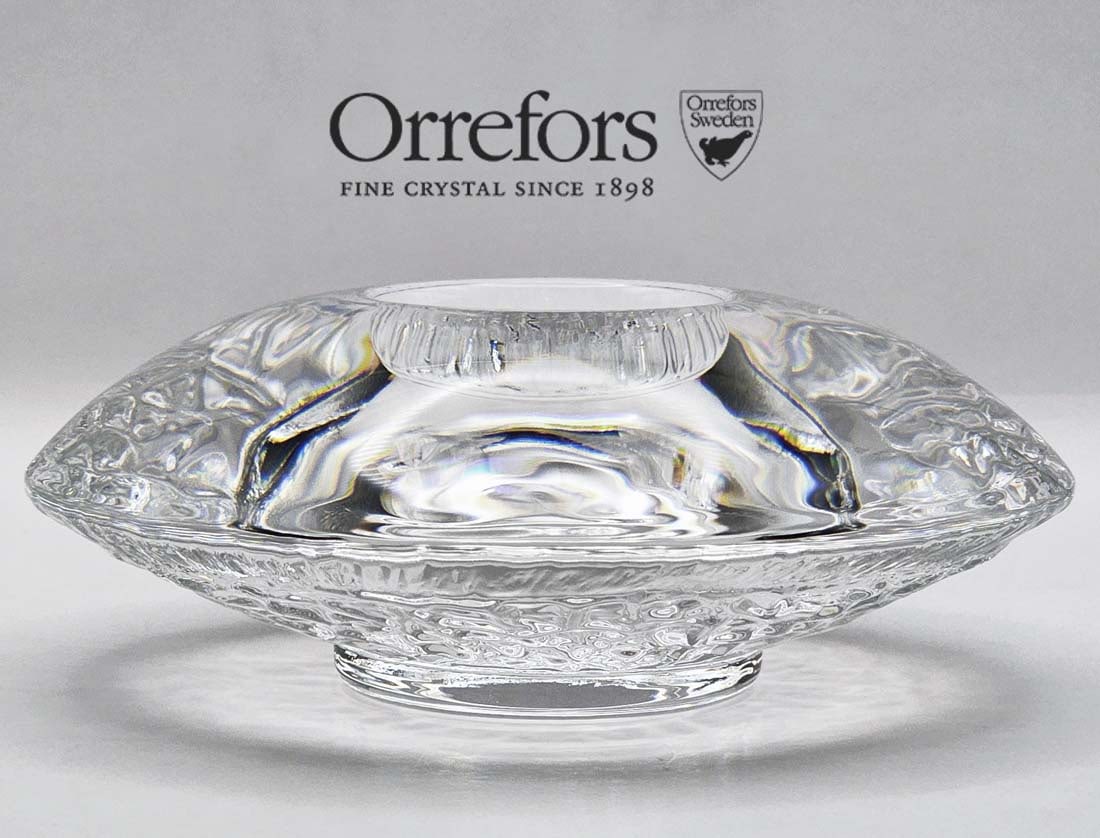 Orrefors Sweden Discus Votive Candle Holder Designed By Lars Hellsten: Orrefors Sweden Discus Votive Candle Holder Designed By Lars Hellsten. H 2 1/8" x W 5 1/4"