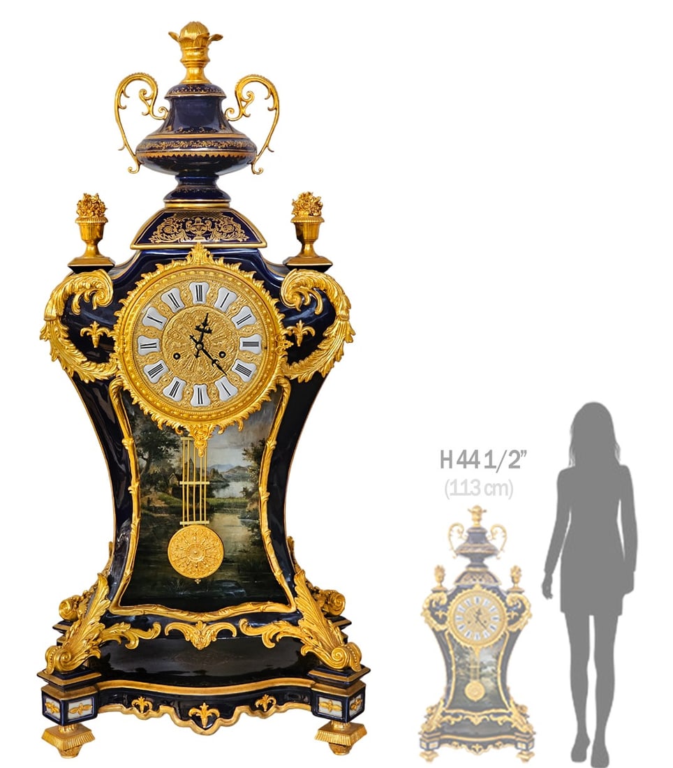 Monumental French Napoleon III Cobalt Porcelain Bronze Mounted Clock: Monumental French Napoleon III Cobalt Porcelain Bronze Mounted Clock. H 44 1/2" x W 13 1/2" x L 20"