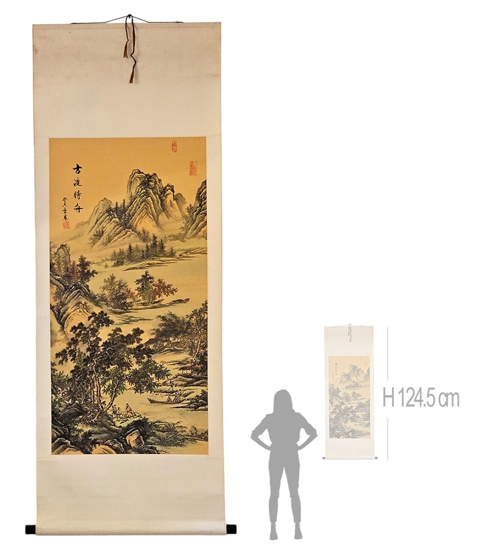 Antique Chinese Landscape & Boats At The River Scroll Painting, Signed: Antique Chinese Landscape & Boats At The River Scroll Painting, Signed. H 56" x W 23 1/4" | Scroll: 20 7/8"
