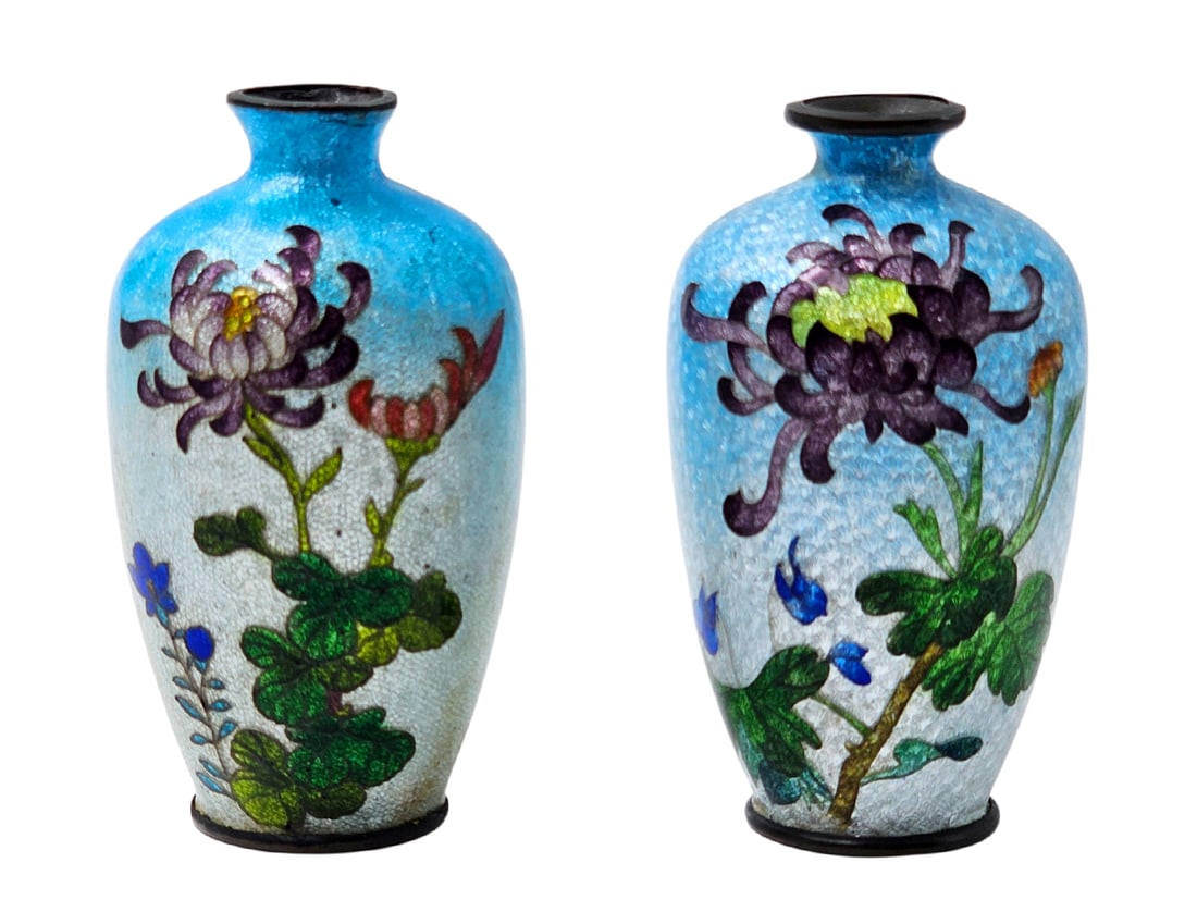 Pair Of 19th C. Japanese Meiji Period Cloisonne Enamel Miniature Vases: Pair Of 19th C. Japanese Meiji Period Cloisonne Enamel Miniature Vases. Hallmarked underneath. H 3 1/2" x W 2"