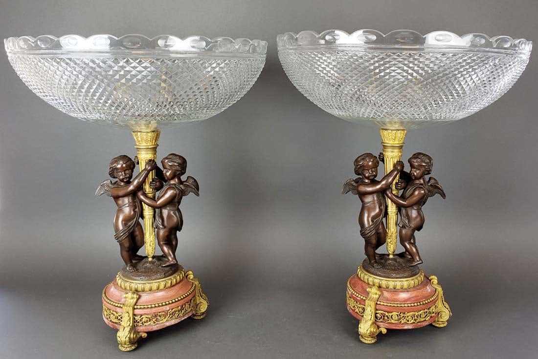 Pair of Large Gilt & Patinated Bronze: Pair of Large Gilt & Patinated Bronze Crystal Figural Centerpiece Bowls. They measure H: 20 1/2" W: 17"