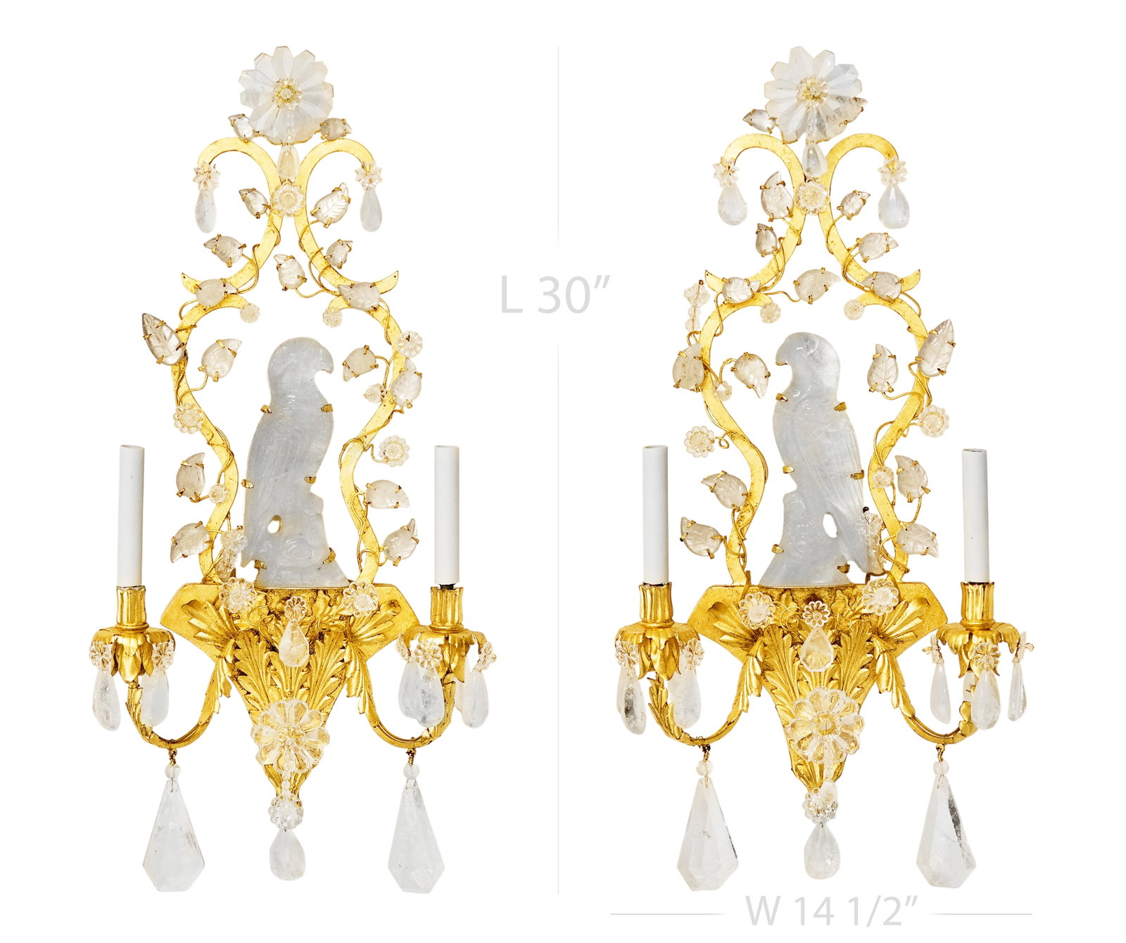 Pair Of Large Maison Bagues Style Rock Crystal Two-Arm Gilt Sconces: Pair Of Large Maison Bagues Style Rock Crystal Two-Arm Gilt Sconces. H 7" x W 14 1/2" x L 30