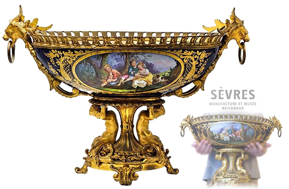 19th C. French Hand Painted Sevres Figural Mounted Bronze Centerpiece: 19th C. French Hand Painted Sevres Figural Mounted Bronze Centerpiece. H 15" x W 12" x L 21 1/2"