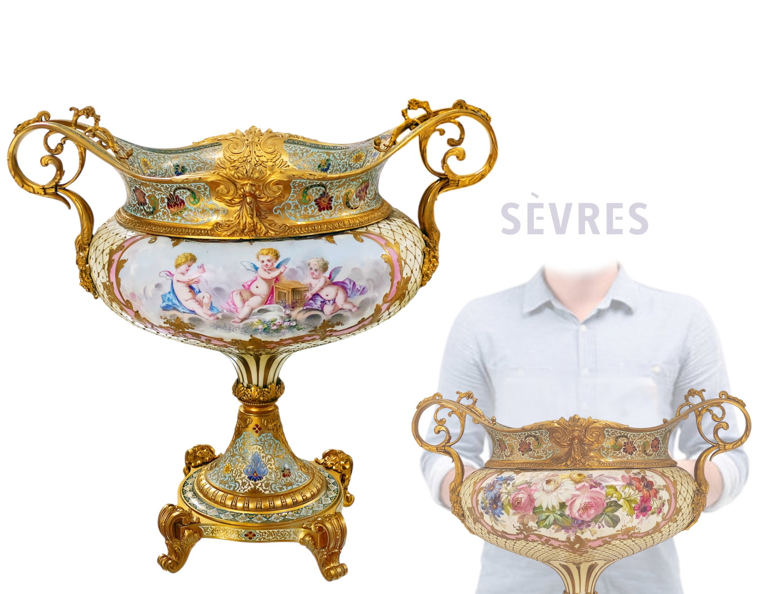 19th C. Gilt Bronze Sevres Porcelain & Champleve Enamel Centerpiece: 19th C. Gilt Bronze Sevres Porcelain & Champleve Enamel Centerpiece. H 17 1/2" x W 12 1/2" x L 18 1/2"