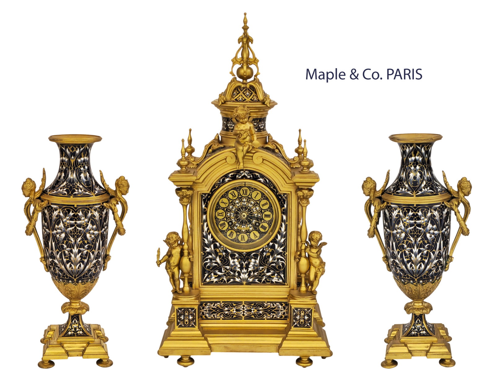 19th C. French Gilt Bronze, Enamel Champleve (Maple & Co. Paris) Clockset: 19th C. French Gilt Bronze, Enamel Champleve (Maple & Co. Paris) Clockset. Clock: 21" x W 8 1/" x L 10 1/2" \ Vases: H 12 3/8" x W 4" x L 6"