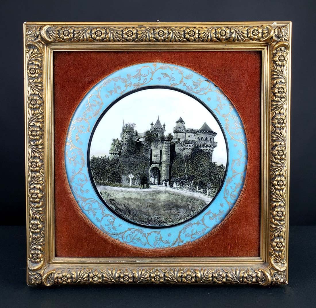 C. Fieges Signed Continental Painted Porcelain Plaque: C. Fieges Signed Continental Painted Porcelain Plaque. The frame measures 19 1/2" x 19 1/2" and the plaque measures 14" Diameter