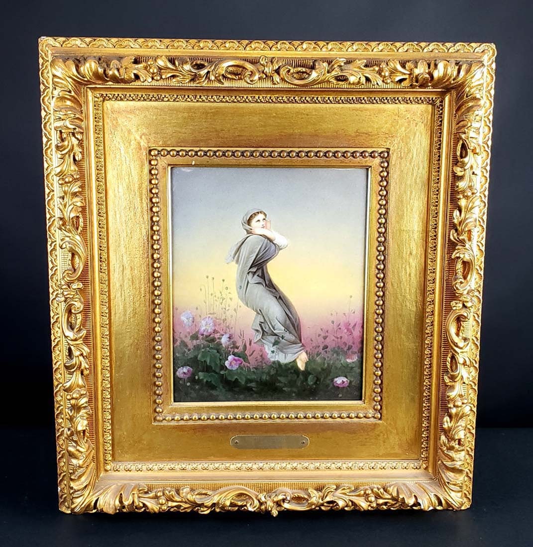 KPM Porcelain Plaque of Lady in the Country, Circa 1900: KPM Porcelain Plaque of Lady in the Country, Circa 1900. The frame measures 24" x 21 1/2" and the plaque measures 12" x 9 3/4"