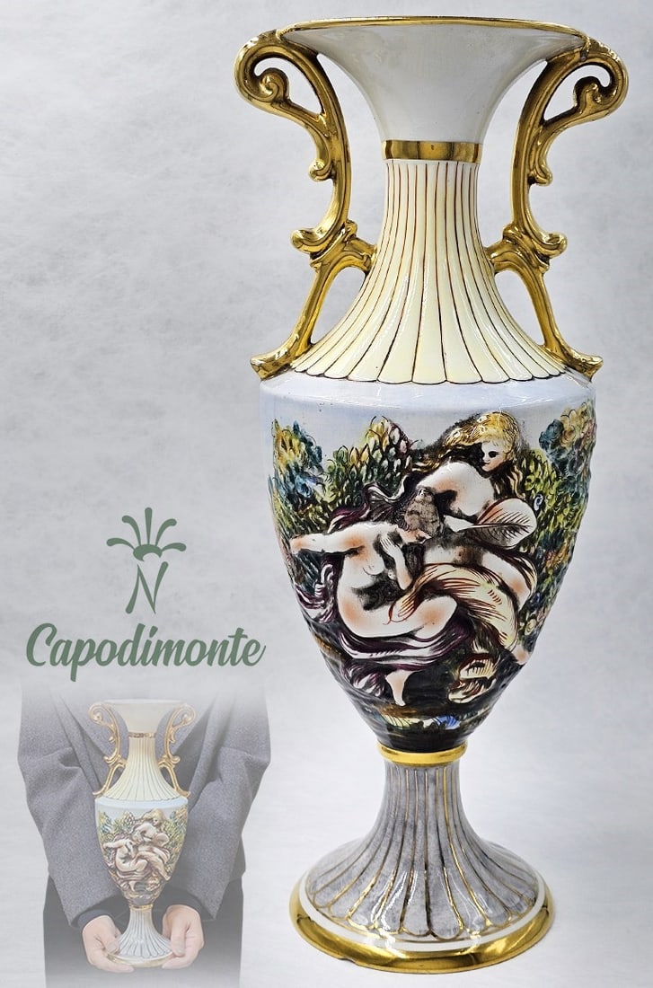 Large Capodimonte Bernini Hand Painted Vase, Hallmarked: Large Capodimonte Bernini Hand Painted Vase, Hallmarked. There's a tiny chip on the bottom base. H 15 1/2" x W 6 1/2