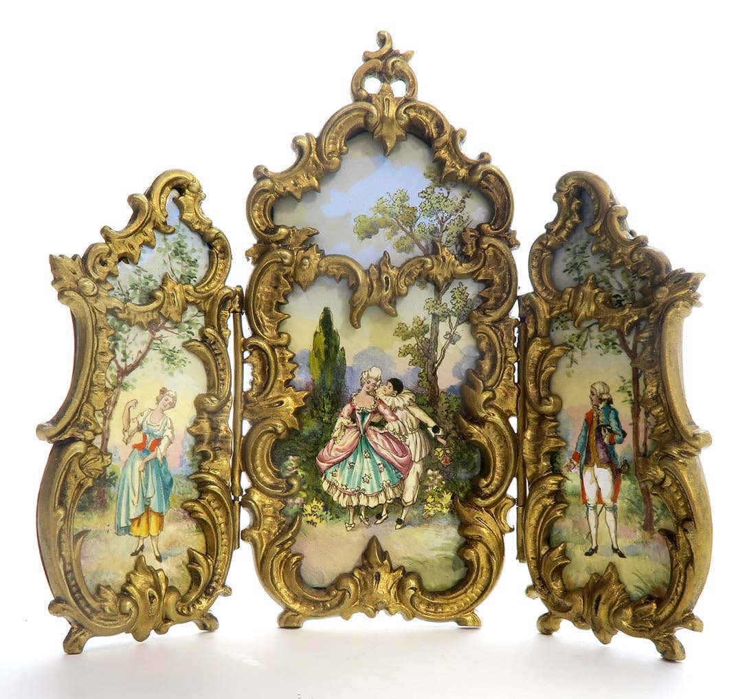 Large Viennese Enamel & Bronze Table Screen: Large Viennese Enamel & Bronze Table Screen. Measures H: 5" W: 5 1/2"