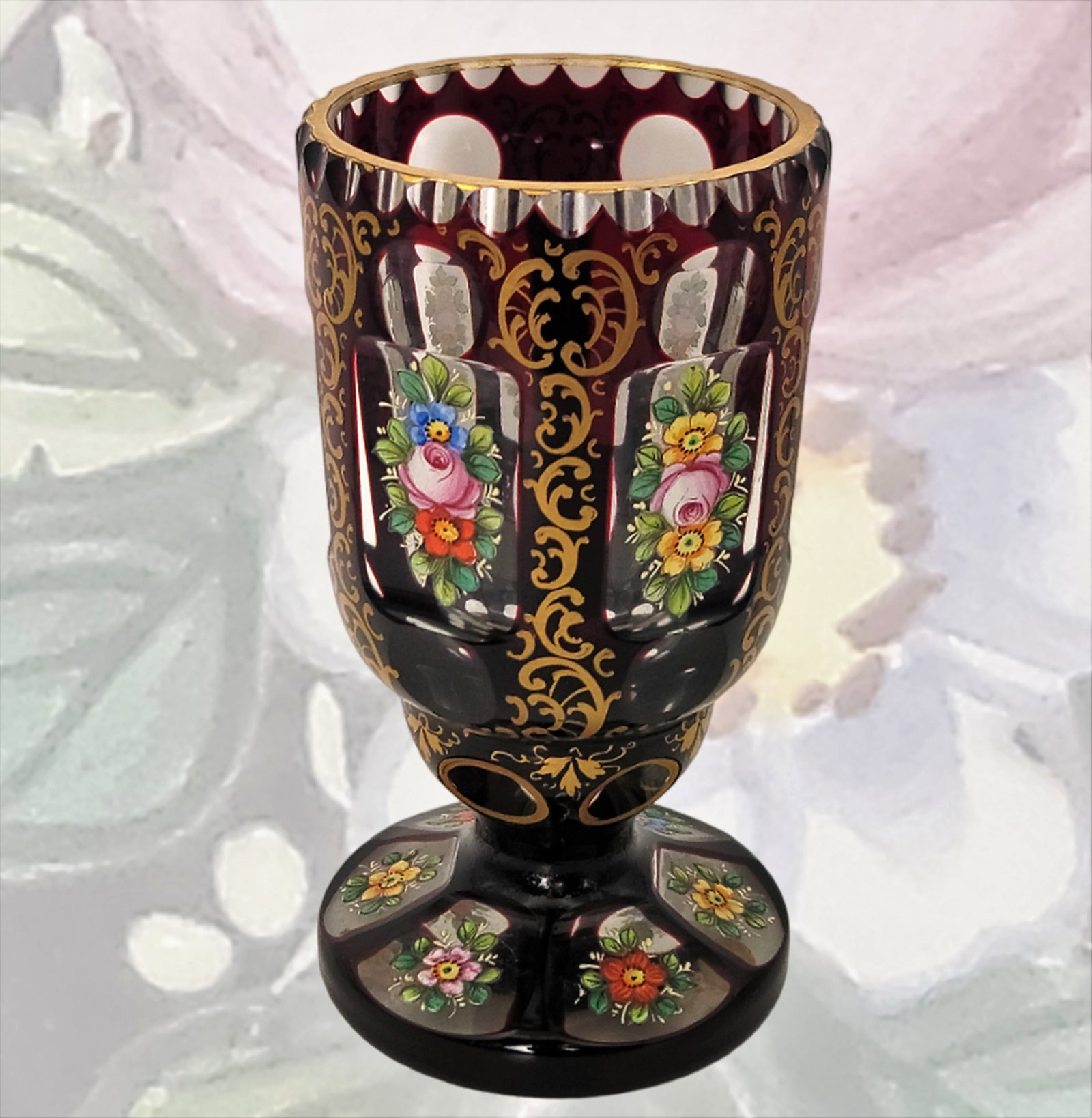 19th C. Bohemian Ruby Red Glass Vase With Enamel Flowers (1 of 7)
