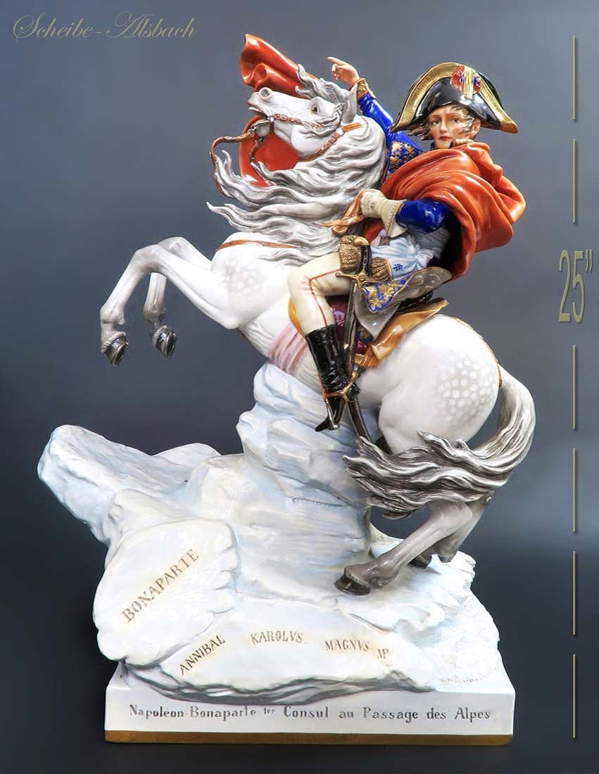 Scheibe-Alsbach Porcelain - Napoleon ride over the Alps: Scheibe - Alsbach Porcelain - Napoleon ride over the Alps figure Artist: Poertzel Otto, Profglazed porcelain. Colored painting. Faithful representation of the transition over the Berezina after the