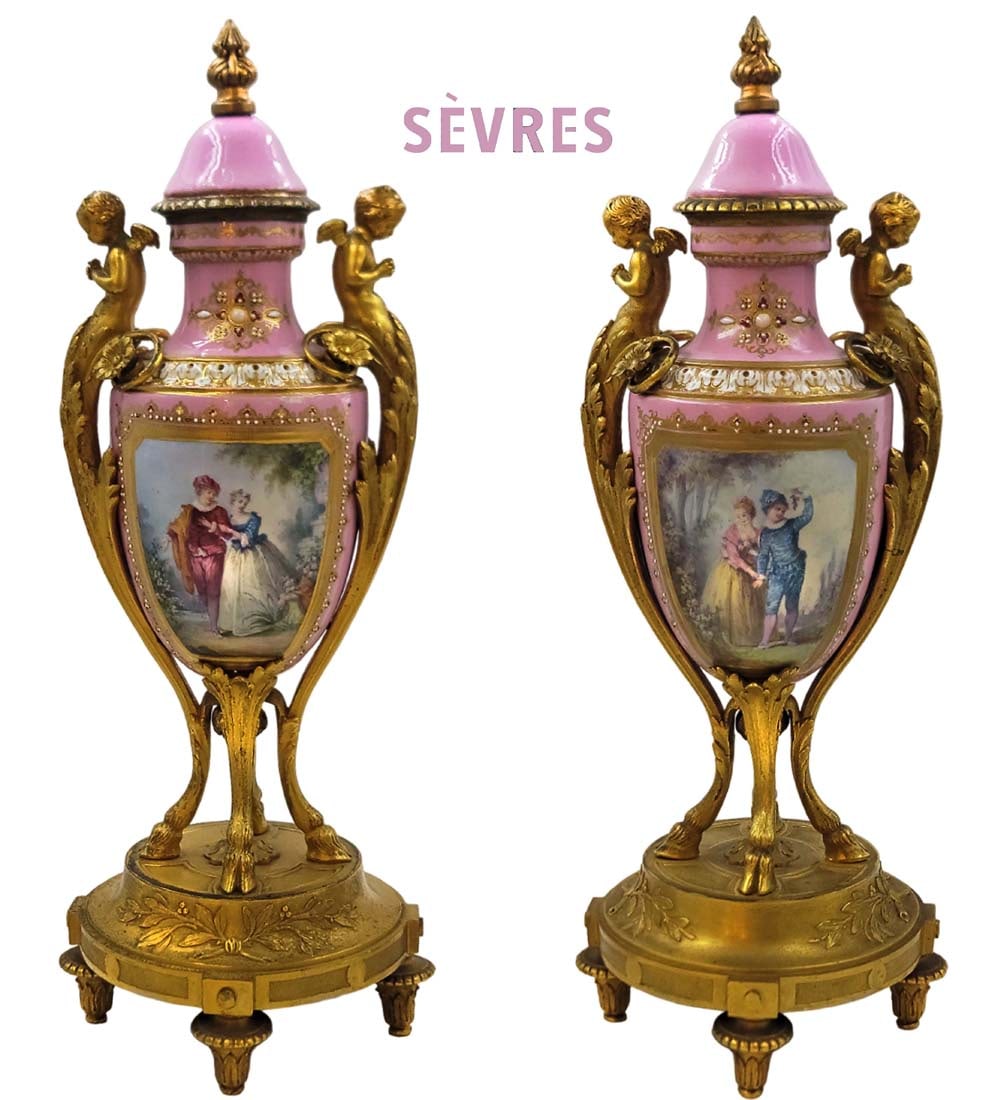 Pair Of 19th C. Figural Bronze Hand Painted Pink Sevres Urns: Pair Of 19th C. Figural Bronze Hand Painted Pink Sevres Urns. H 15 1/4" x 5 1/2"