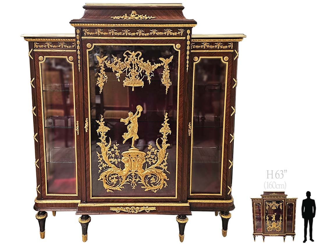 Large Linke Style French Bronze Mounted Vitrine Cabinet: Large Linke Style French Bronze Mounted Vitrine Cabinet. H 63" x W 15 1/2" x L 54"