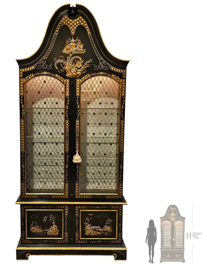 Very Large Chinoiserie Hand Painted & Black Lacquer / Giltwood Vitrine Cabinet: Very Large Chinoiserie Hand Painted & Black Lacquer / Giltwood Vitrine Cabinet. H 92" x W 14 1/2" x L 41"