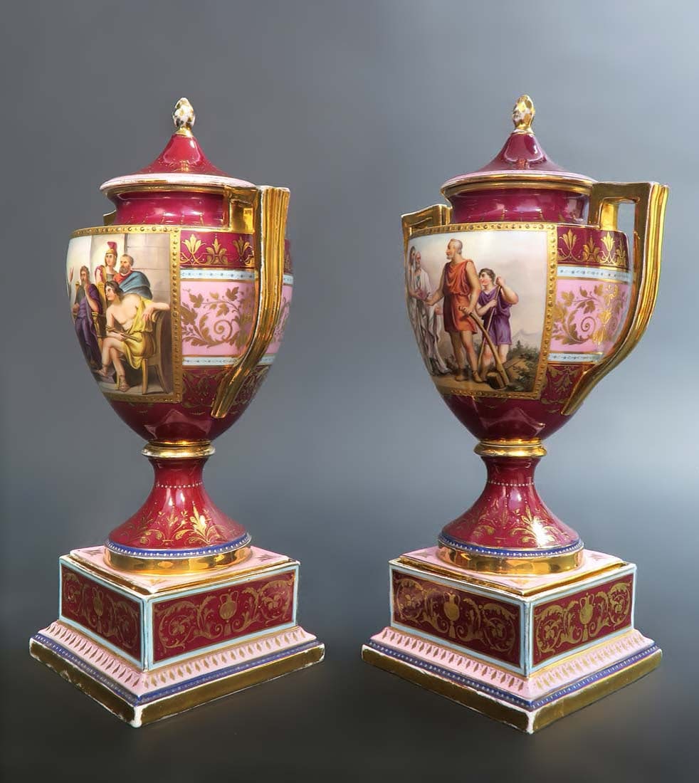 Pair of 19th C. Royal Vienna Lidded Vase/ Urn: Pair of 19th C. Royal Vienna Lidded Vase/ Urn. They measure H: 14 1/2" W: 7 1/2"