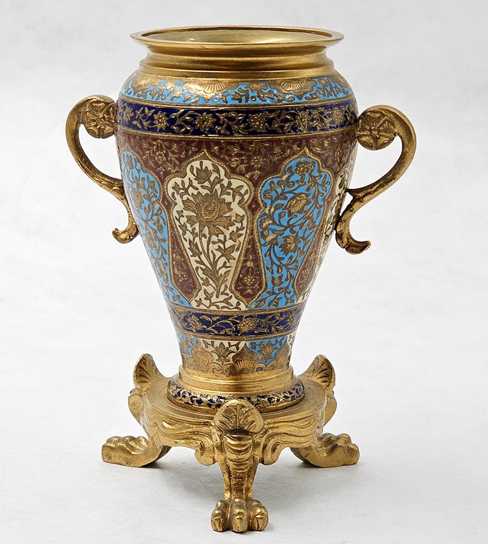 19th C. French Gilt Bronze & Champleve Enamel Vase: 19th C. French Gilt Bronze & Champleve Enamel Vase. H 5" x W 3" x L 4"