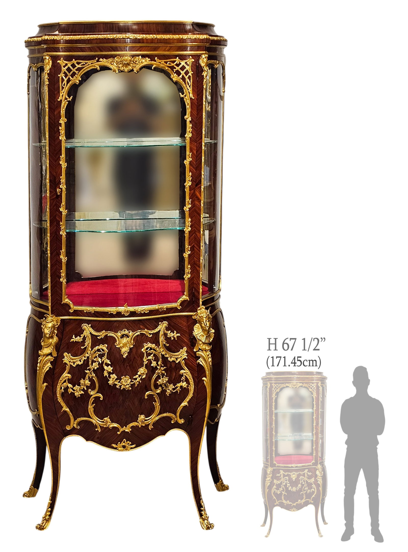 19th C. Linke Style Figural Bronze Mounted Vitrine: 19th C. Linke Style Figural Bronze Mounted Vitrine. H 67 1/2" x W 13" x L 29 1/2"