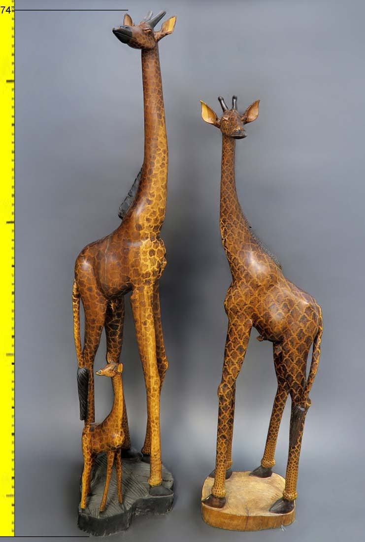 Antique Continental Large Family Group of Giraffes: Antique Continental Large Family Group of Giraffes. The large one measures H: 74" x 11" and the other one measures H: 61" x 11"