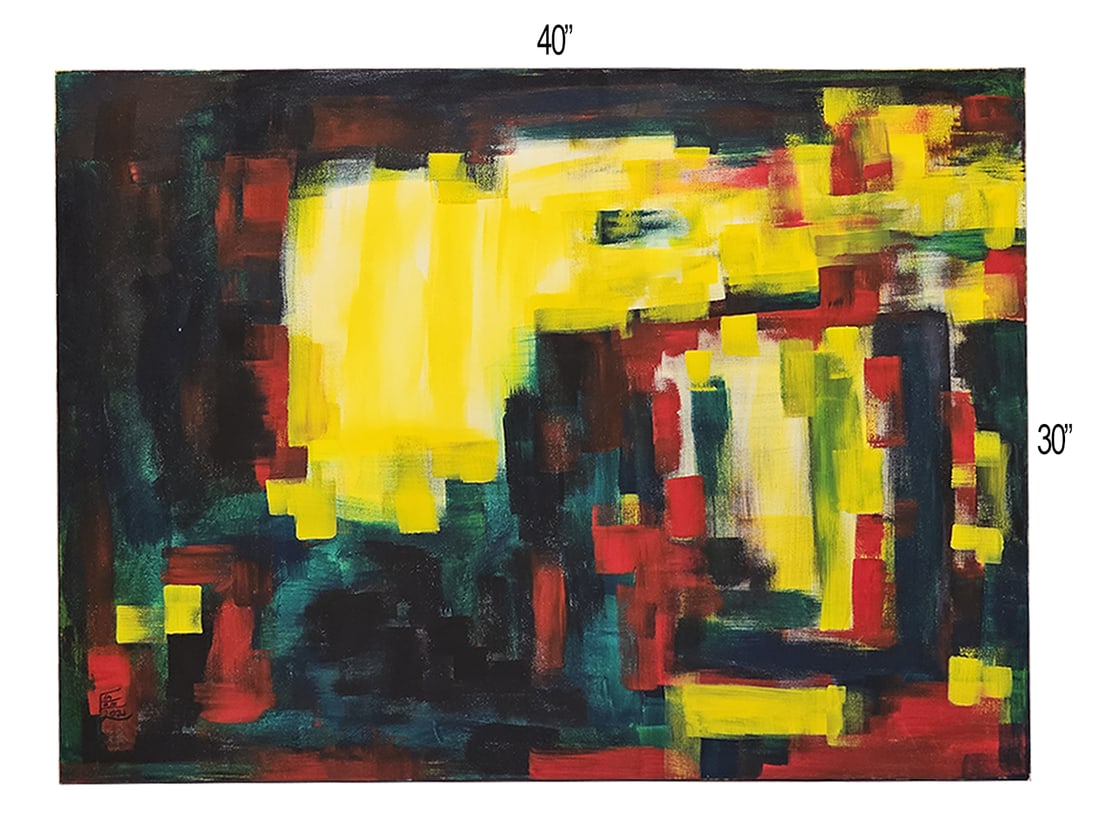 Vibrant Horizons, Oil On Canvas, By Ellie Shafiei: Vibrant Horizons, oil on canvas, 40"?30"This abstract painting is a dynamic interplay of colors and textures. The dominant yellow hue, splattered across the canvas, evokes a sense of optimism and