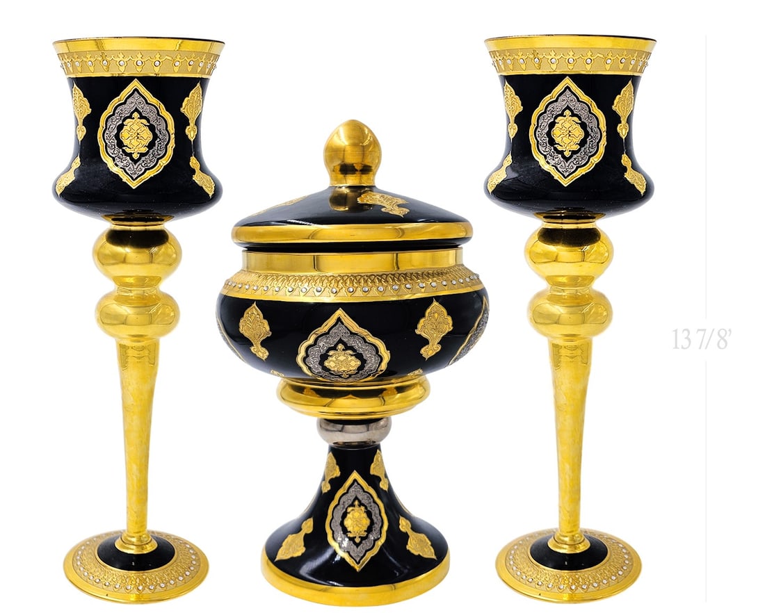 Enameled Black Cobalt Porcelain Gilded & Jeweled Centerpiece With Pair Of Vases: Enameled Black Cobalt Porcelain Gilded & Jeweled Centerpiece With Pair Of Vases. Bowl: H 11 1/2" x W 6" \ Vases: H 13 7/8" x W 4 1/2"