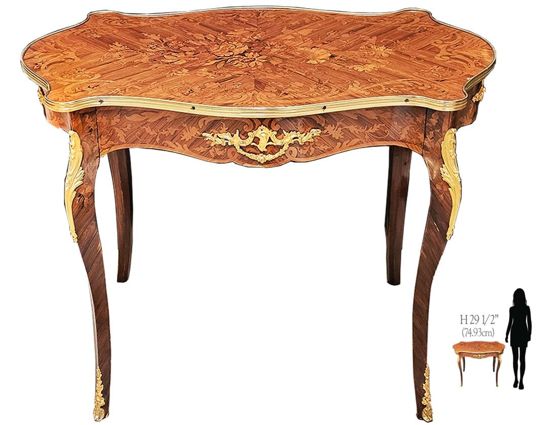French Inlaid Bronze Mounted Center Table: French Inlaid Bronze Mounted Center Table. H 29 1/2" x W 20 1/2" x L 38"