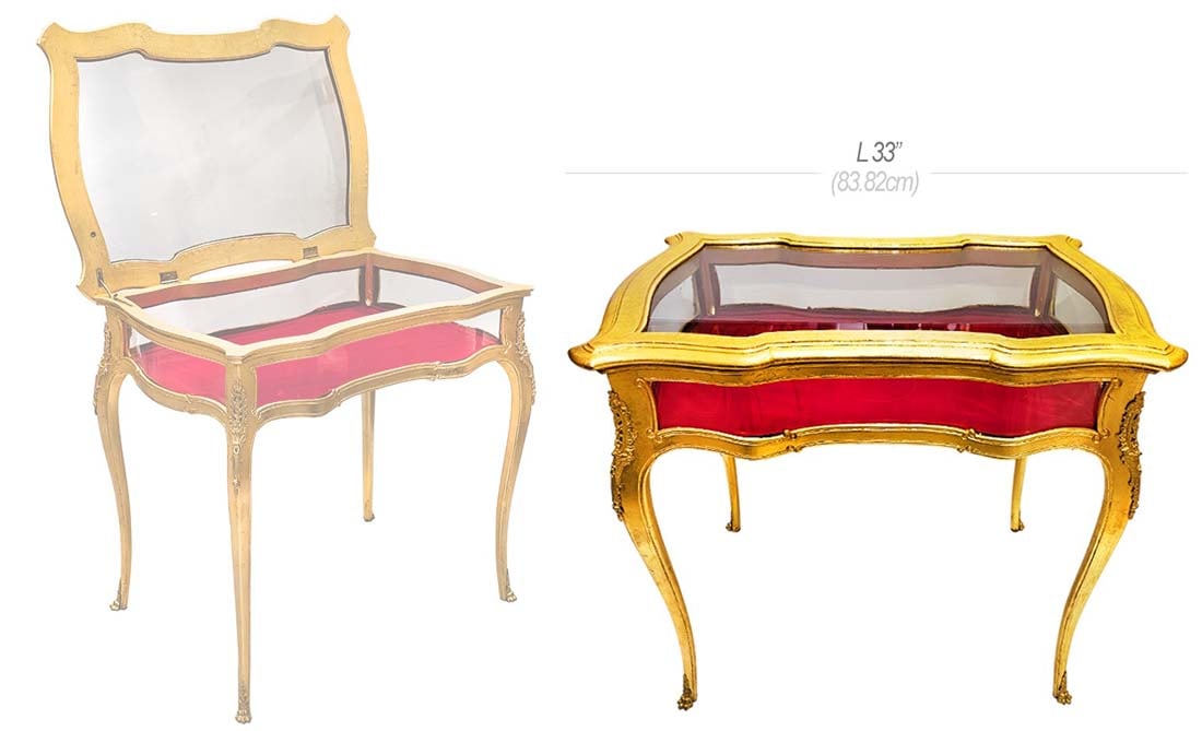 Gilded French Bronze Mounted Louis XV Show Case / Table: Gilded French Bronze Mounted Louis XV Show Case / Table. H 301/4" x W 23" x L 33"