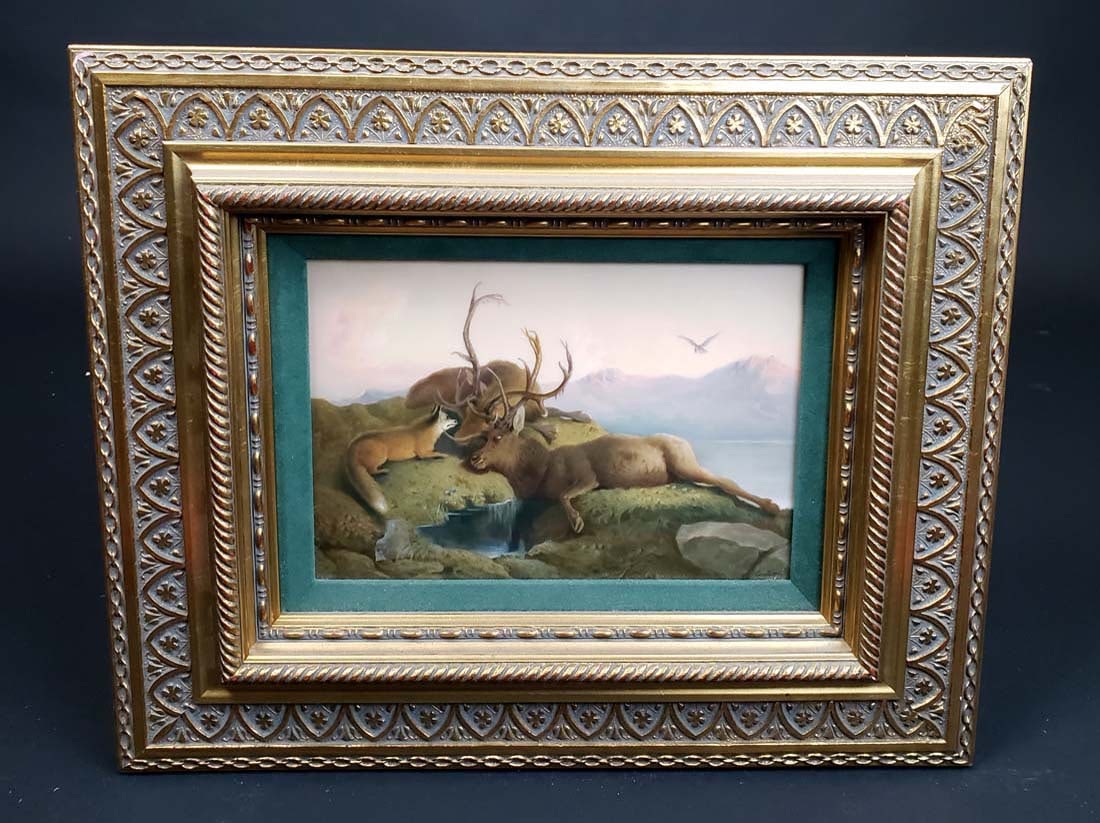 KPM Plaque "2 Stags & A Fox" (Sceptre H.F.): KPM Plaque "2 Stags & A Fox" (Sceptre H.F.). The frame measures 16 1/4" x 13 1/4" and the plaque measures 6 1/2" x 9"