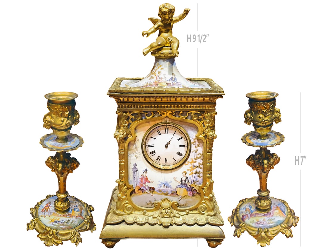 Viennese Enamel & Bronze Clockset: Viennese Enamel & Bronze Clockset. Clock: H 9 1/2" x W 4" x L 5" \ Candelsticks: H 7" x W 4 1/2"