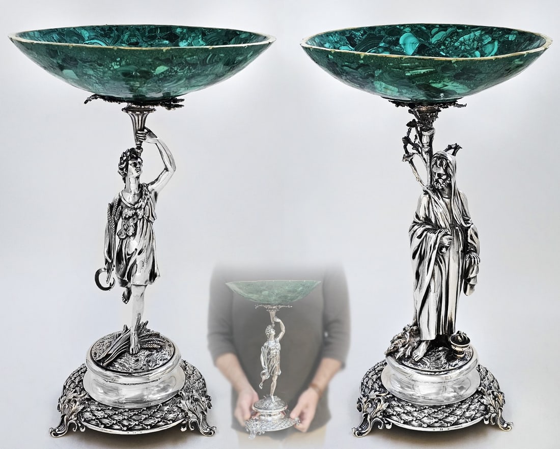 Pair Of 19th C. Figural Silver-Plate with Malachite Centerpieces / Taza: Pair Of 19th C. Figural Silver-Plate with Malachite Centerpieces / Taza. H 17 1/2" x W 10"