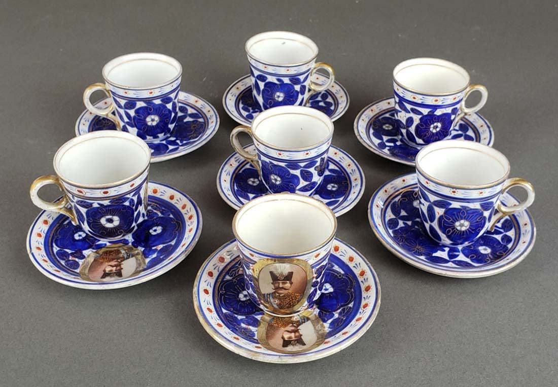 14 pc. Persian Qajar Porcelain Cup & Saucer Set, 19th: 14 pc. Persian Qajar Porcelain Cup & Saucer Set, 19th C.. The cups measure H: 1 3/4" and the saucers measure 3 1/4" diameter