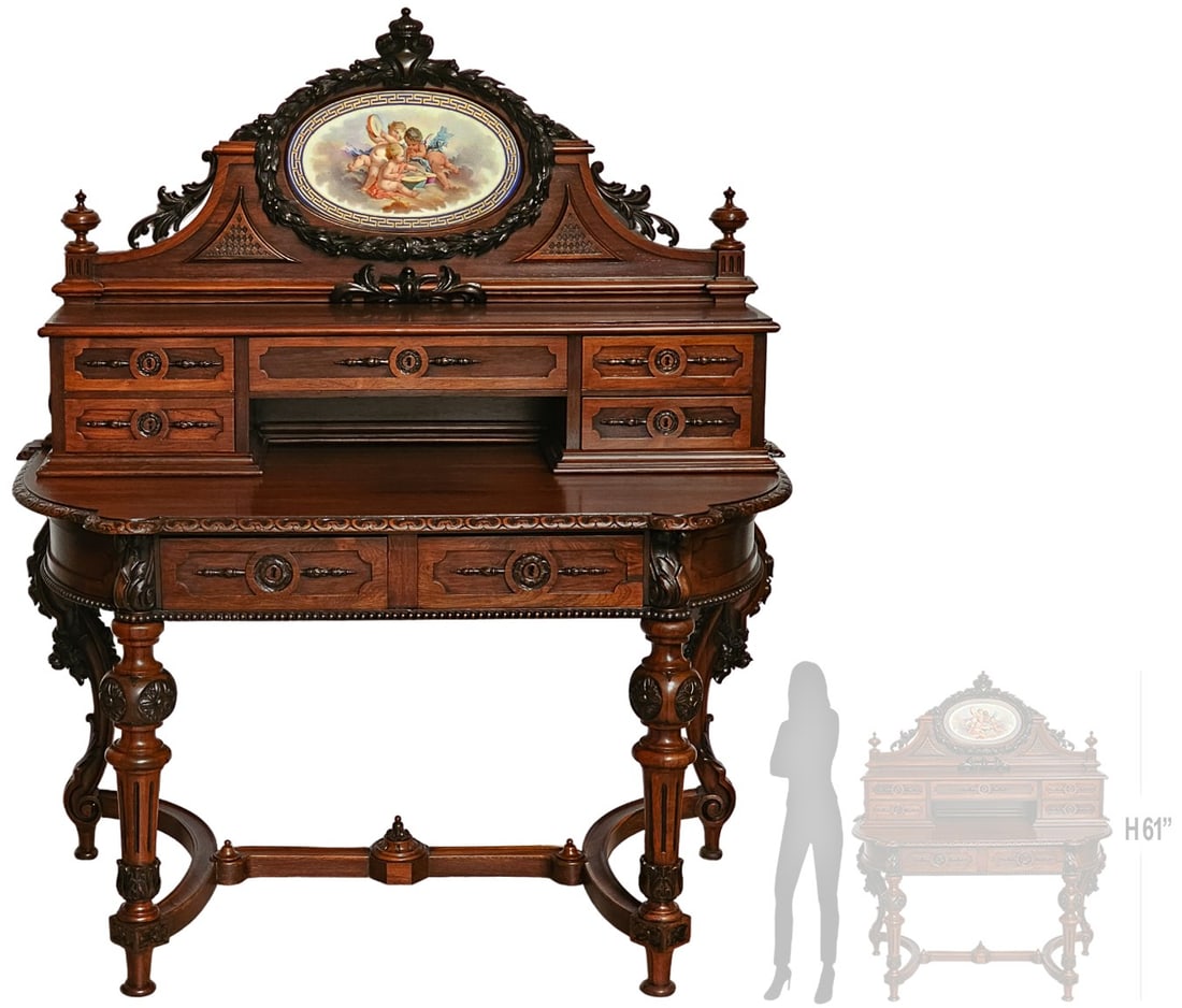 19th C. French Renaissance Style, Sevres Plaque Mounted Wood Carved Desk (1 of 11)